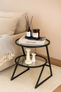 Valencia Yan Sehpa - Siyah Metal Şeffaf Camlı Çok Amaçlı Koltuk Sehpası Zigon Sehpa Servis Sehpası